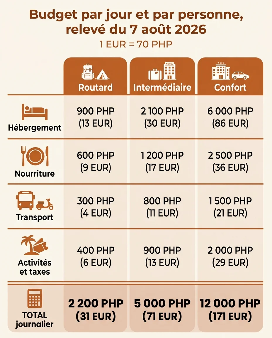 Budget journalier aux Philippines par poste et par profil, releve du 7 aout 2026