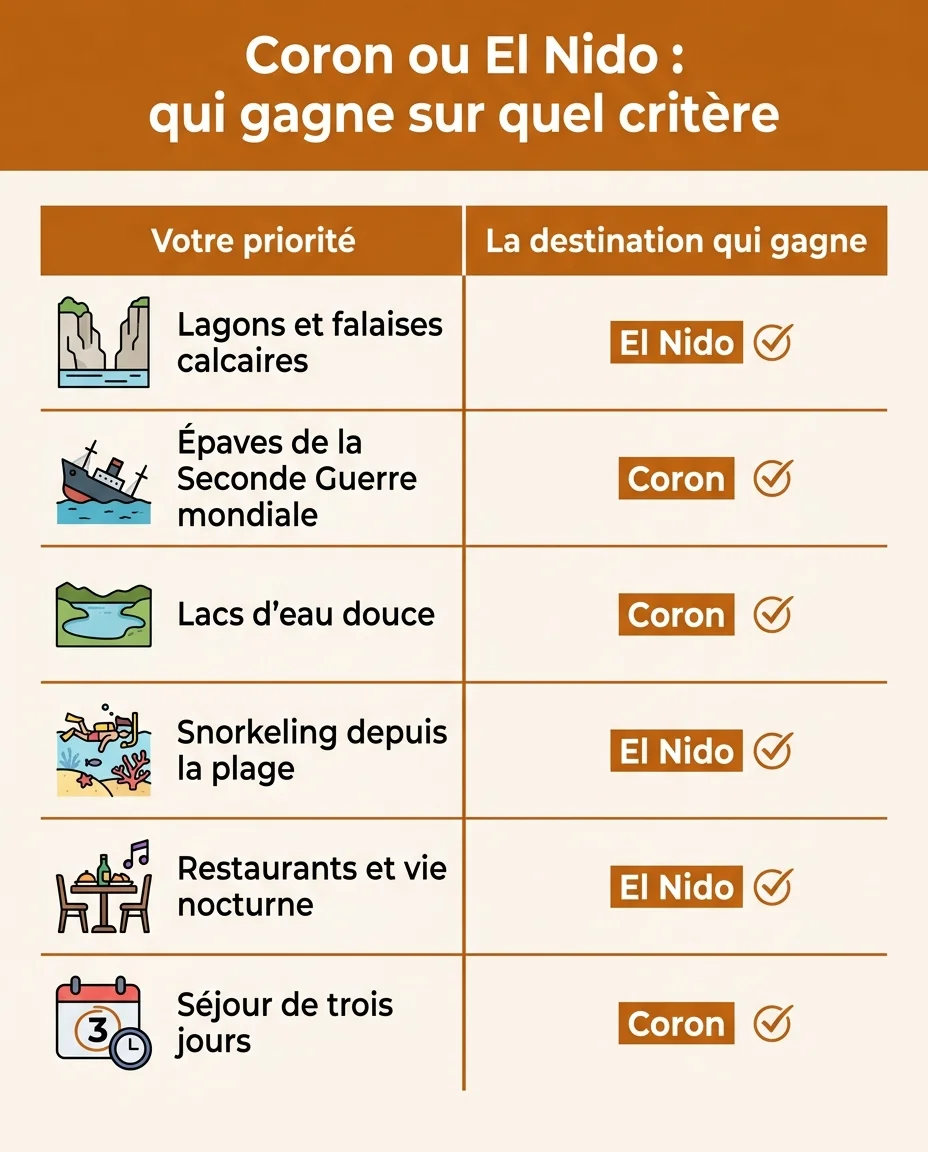 Coron ou El Nido : le tableau de decision critere par critere