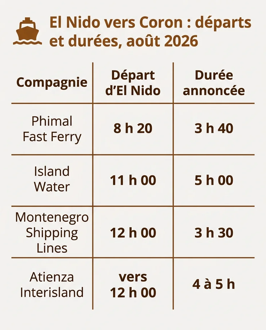 Departs depuis El Nido et durees annoncees par compagnie, aout 2026