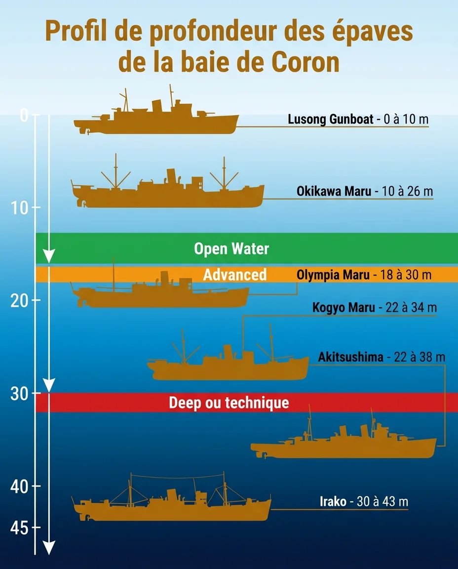 Profil de profondeur des épaves de la baie de Coron
